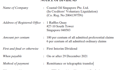 Coastal Oil Singapore dividends to be released from late December onwards