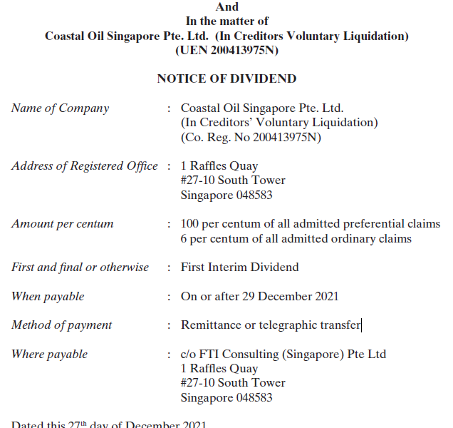 Coastal Oil Singapore dividends to be released from late December onwards