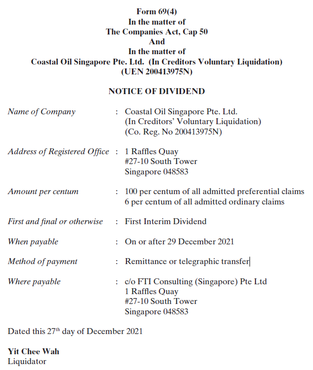 Coastal Oil Singapore dividends to be released from late December onwards