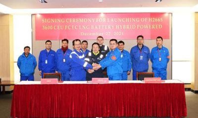 Jiangnan Shipyard personnel at the offical launch ceremony for UECCs third newbuild dual fuel battery hybrid PCTC
