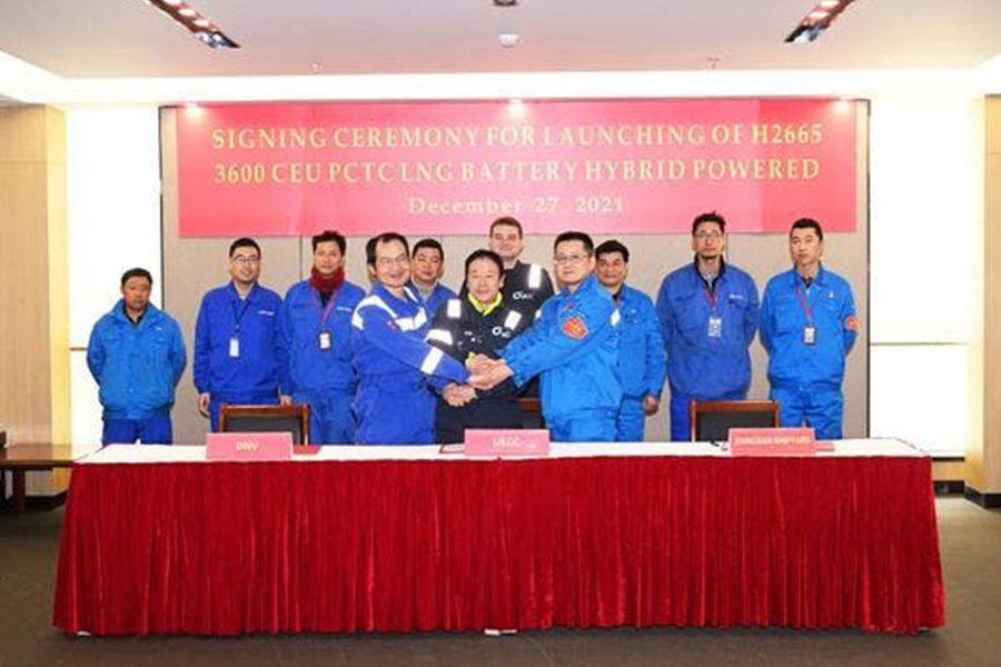 Jiangnan Shipyard personnel at the offical launch ceremony for UECCs third newbuild dual fuel battery hybrid PCTC