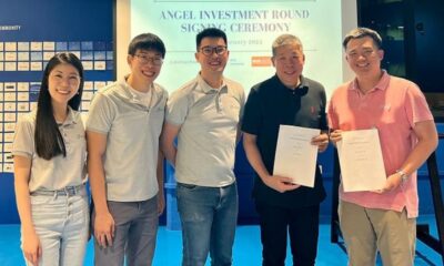 Co-founders of Green COP (left to right): Sng Yee Ching, Low Wang Chang, and Hanson Lee, stand alongside their angel investors (left to right), Teo Teng Seng, appointed as Chairman, and Desmond Chong, representing Ken Energy Pte. Ltd., holding the signed agreement, symbolizing the successful fundraising efforts and the unity of vision between Green COP and its investors.