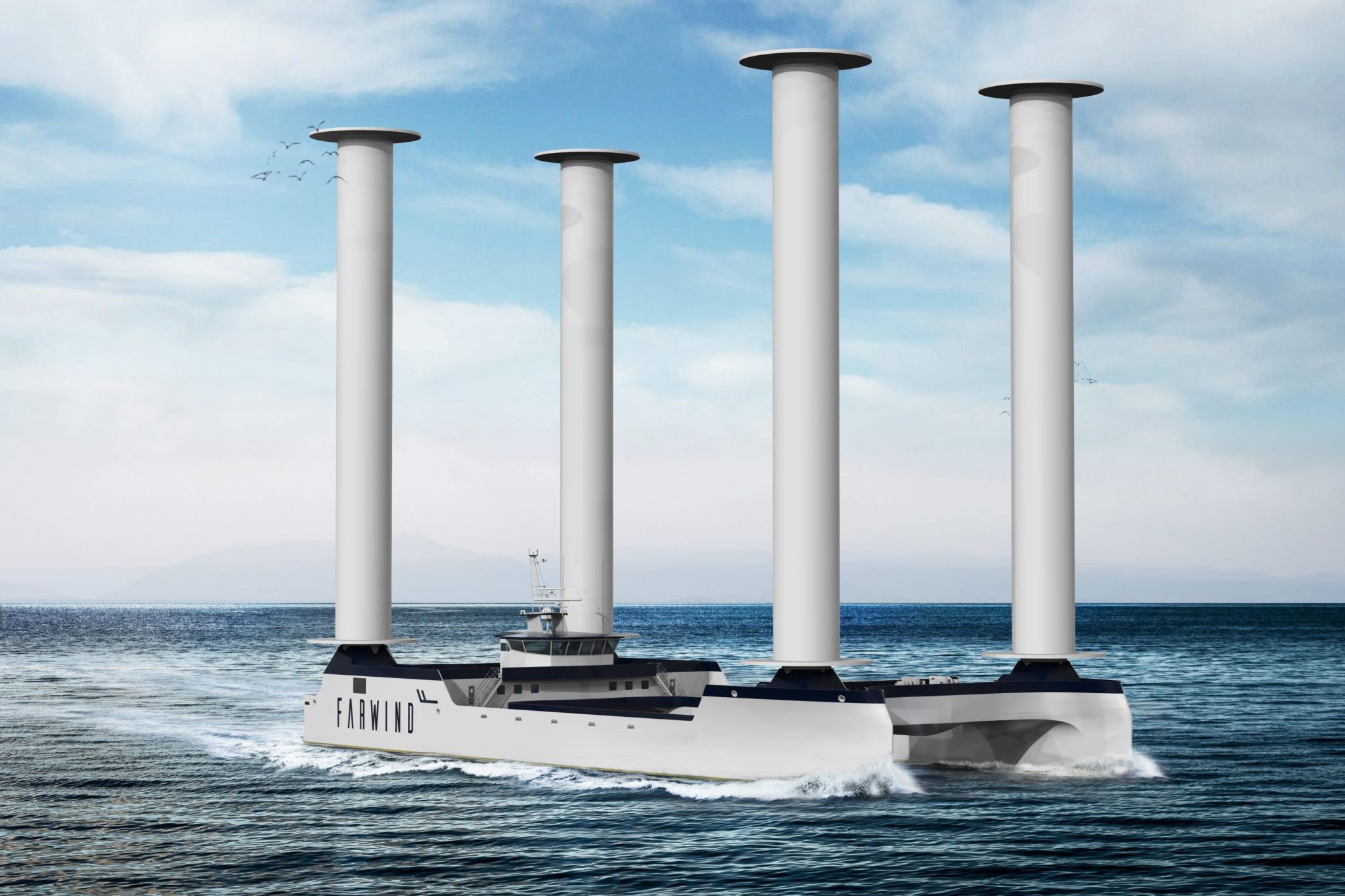 Front view of the Farwind energy ship with rotor sails