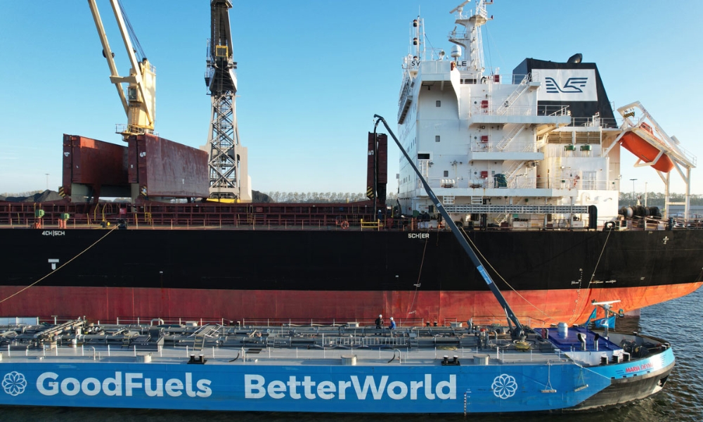 A GoodFuels barge delivering a marine biofuel stem to Eagle Bulk’s bulk carrier Sydney Eagle during its call in the Dutch port of Terneuzen in in December 2021. GoodFuels