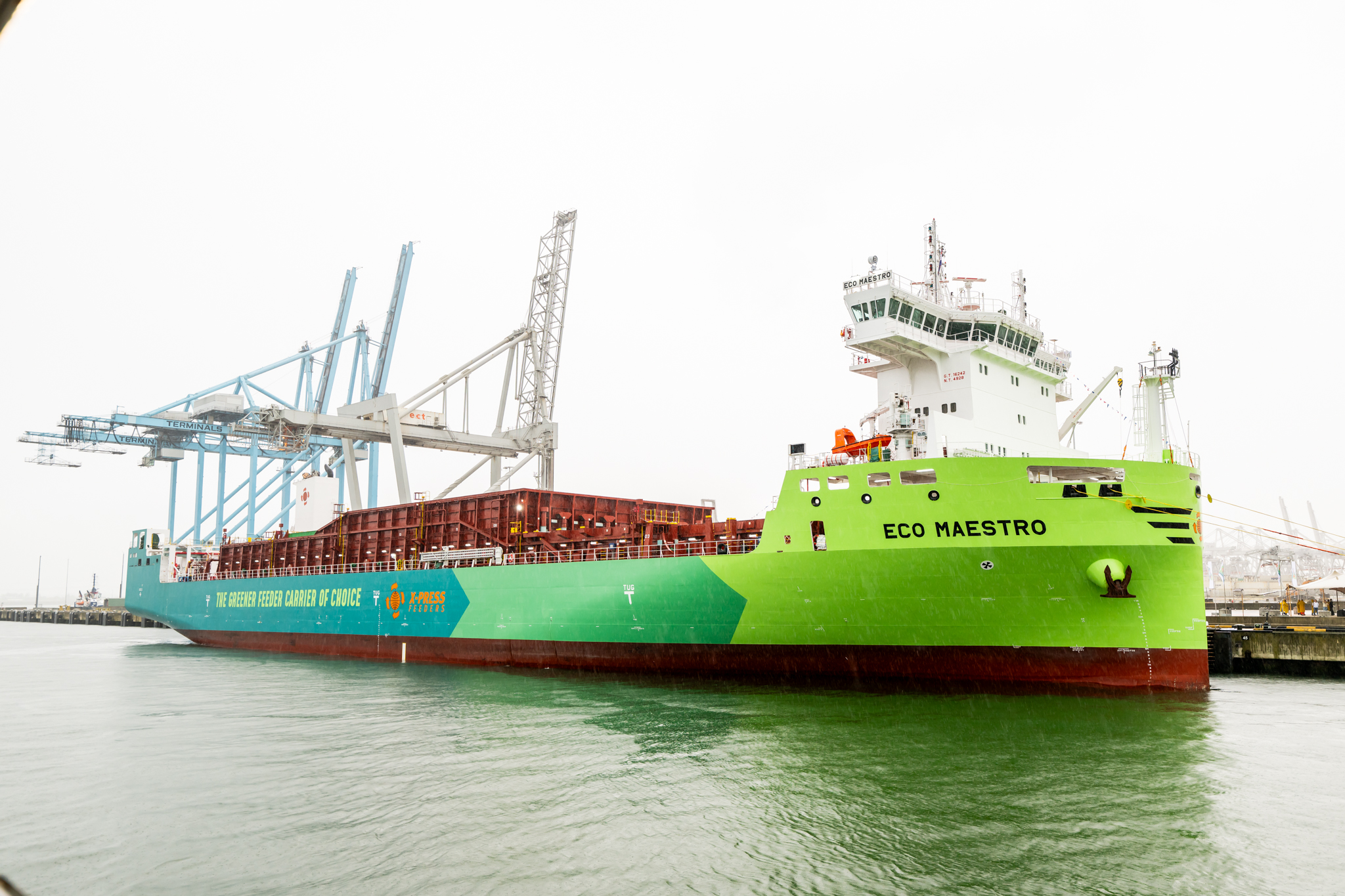 Newly christened vessel, named Eco-Maestro, is the first of 14 dual-fuel vessels X-Press Feeders has on order.