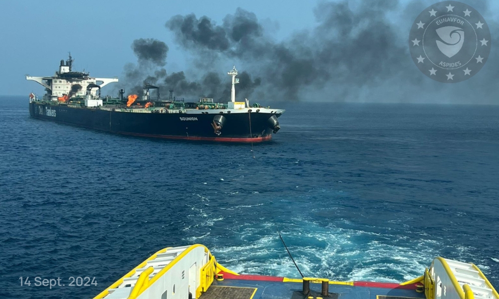 Towing of burning oil tanker “MV Sounion” underway in Red Sea