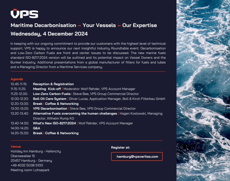 VPS to speak on ISO 8217:2024 marine fuels standard at Hamburg roundtable 