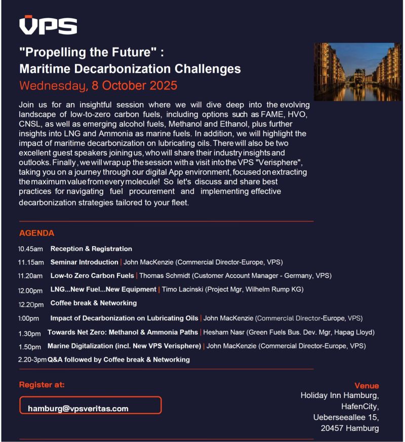 VPS to host European seminar on low-to-zero carbon bunker fuels and marine lubricants 27 VPS to host European seminar on low-to-zero carbon bunker fuels and marine lubricants