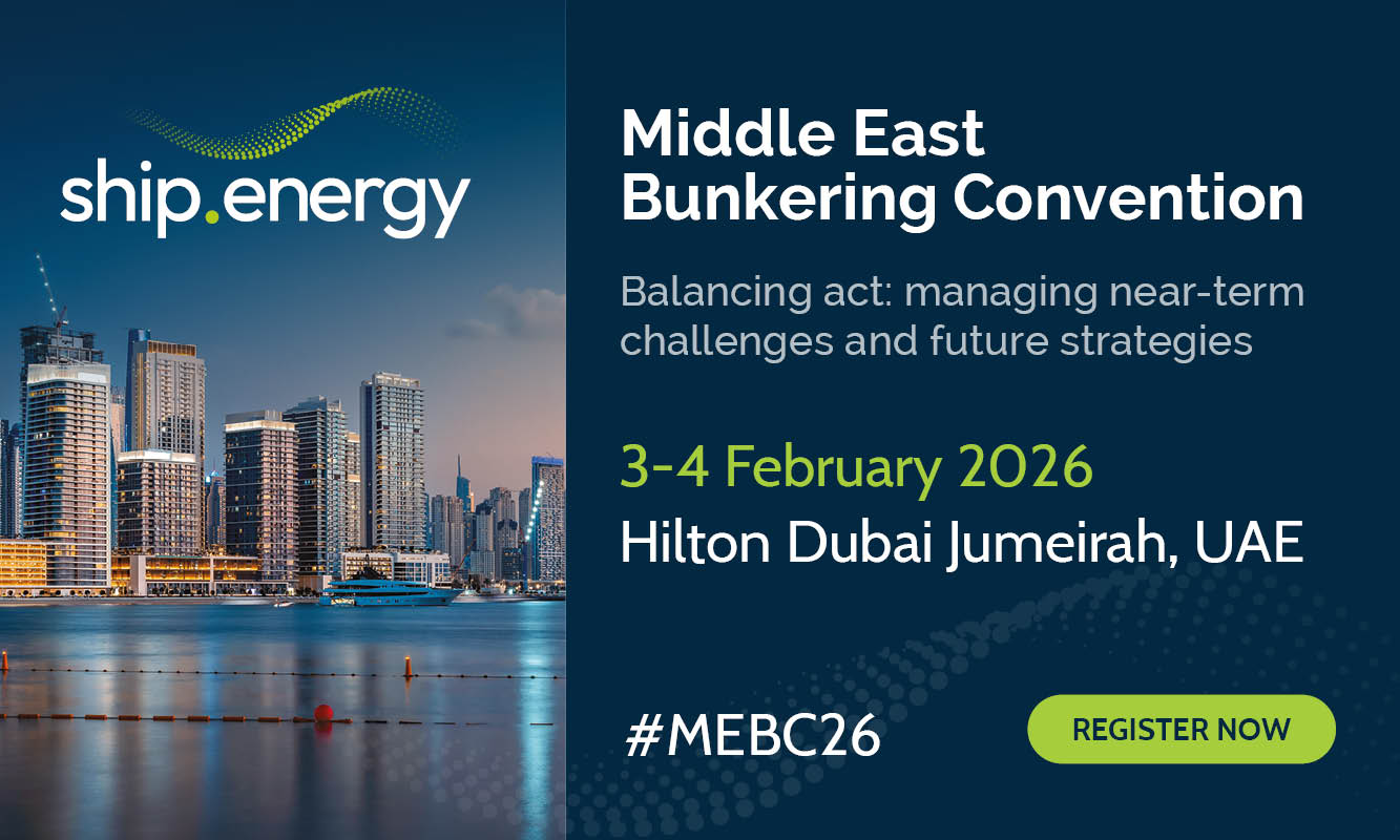 Middle East Bunkering Convention (MEBC26) will be returning to Dubai for its 11th year from 3 to 4 February 2026 at Hilton Dubai Jumeirah. Speakers at the conference will consider how traders, physical suppliers and ship owners and operators are faring in a business climate where geo-political and economic uncertainty is currently ‘the norm’. The changing dynamic of the Middle East bunker sector, with players entering and exiting the market, will also be front and centre in MEBC discussions in 2026. ‘Doing business better’ will also be a key theme at MEBC26, with discussions centred on digitalisation, transparency, efficiency, counterparty credit, effective risk management and the timing of alternative fuel strategies. MEBC26 convenes shipowners and operators, fuel buyers and traders, physical suppliers, ports, storage and logistics providers, solution vendors, financiers, insurers, standards bodies, and regulators active in the Middle East and beyond. Note: More information on the latest agenda and registration can be found at MEBC26 conference page. Photo credit: ship.energy Middle East Bunkering Convention returns to Dubai in February 2026