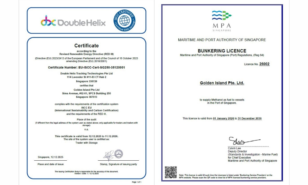 Singapore: Golden Island wins ISCC EU certification, showcases methanol bunkering licence