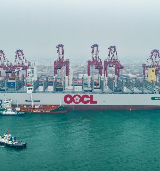 OOCL dual-fuel boxship completes first green methanol bunkering op at Qingdao Port
