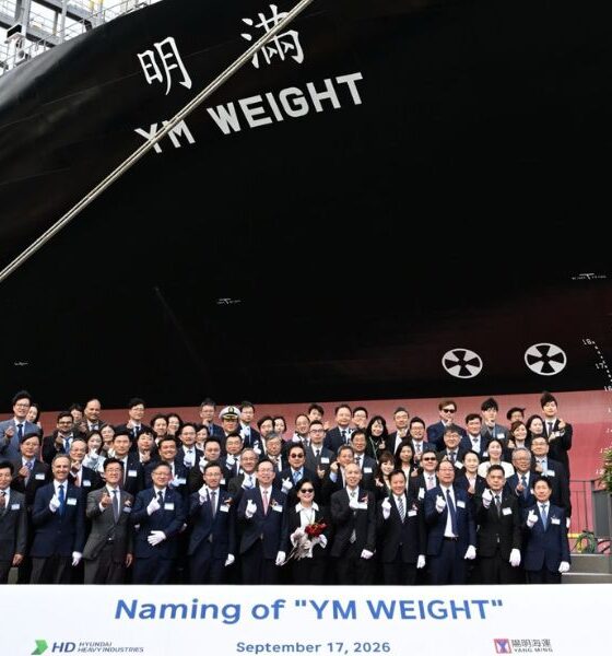 Yang Ming names 15,500 TEU LNG dual-fuel container vessel “YM Weight”